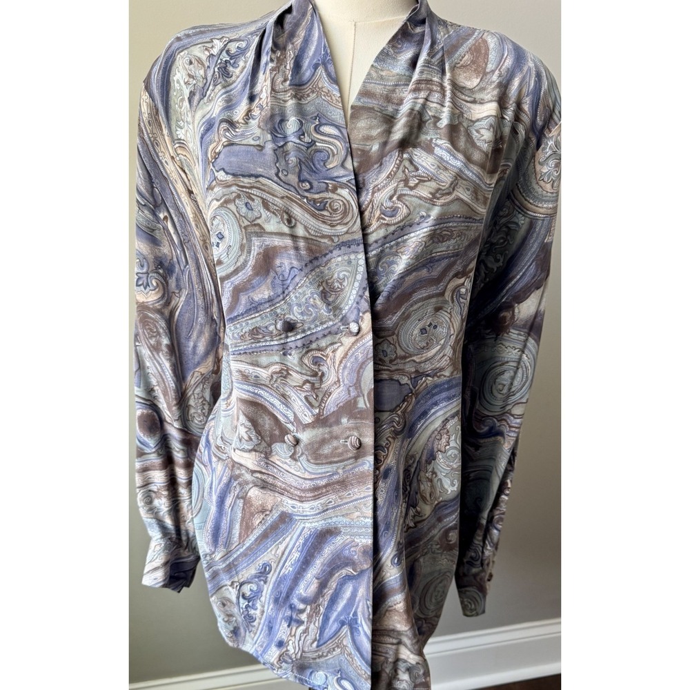 Silk Paisley Blouse Womens 10 Blue Taupe Draped Surplice Top Harlan